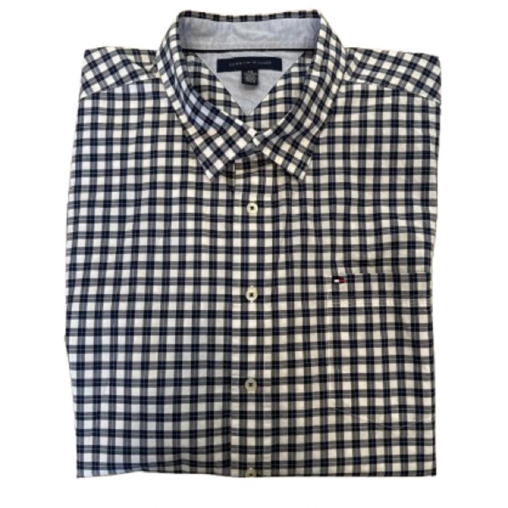 Tommy Hilfiger button up shirt men's XXL blue plaid short sleeve